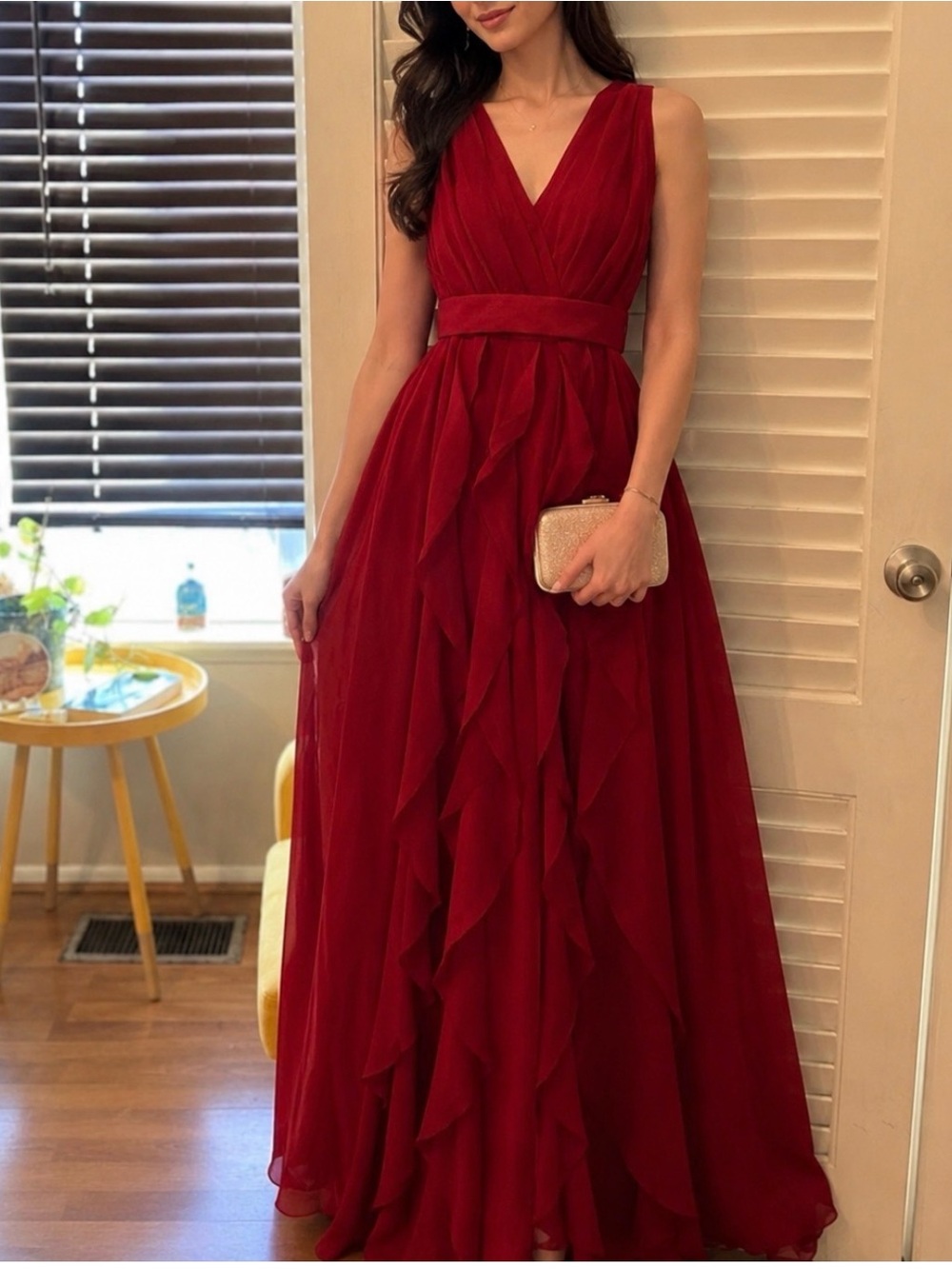WHITE VERA WANG Red V-Neck Ruffle Maxi Dress